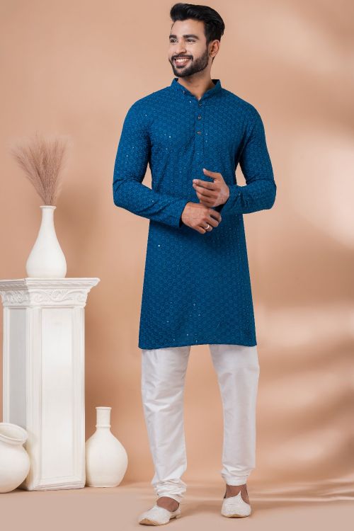 Picture of Gorgeous Rayon Steel Blue Sequins Kurta Pajama
