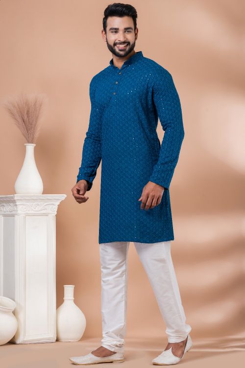 Picture of Gorgeous Rayon Steel Blue Sequins Kurta Pajama