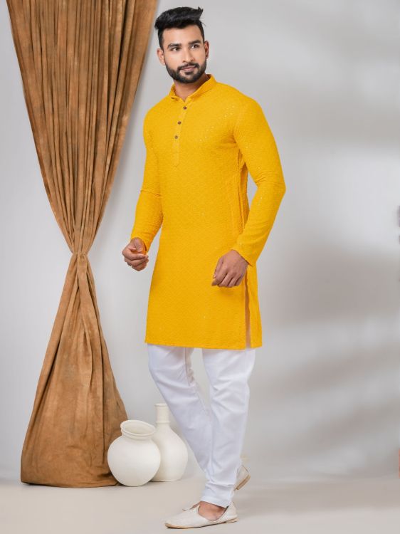 Picture of Amazing Rayon Yellow Sequins Kurta Pajama