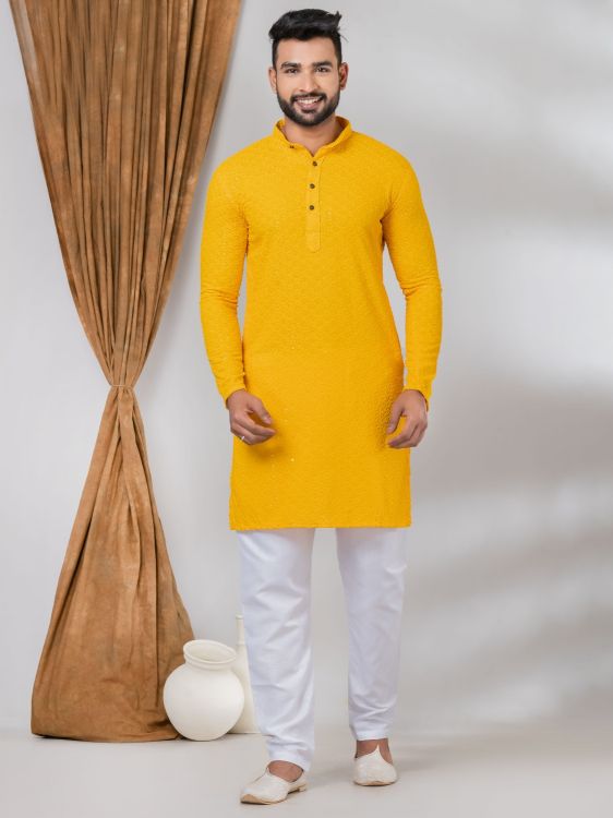 Picture of Amazing Rayon Yellow Sequins Kurta Pajama