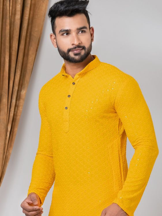 Picture of Amazing Rayon Yellow Sequins Kurta Pajama