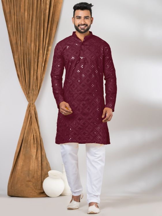 Picture of Magnificent Cotton Maroon Kurta Pajama