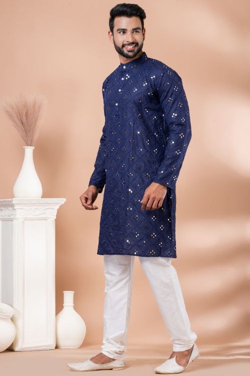 Picture of Elegant Cotton Navy Blue Kurta Pajama