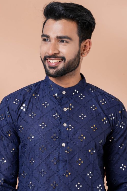 Picture of Elegant Cotton Navy Blue Kurta Pajama