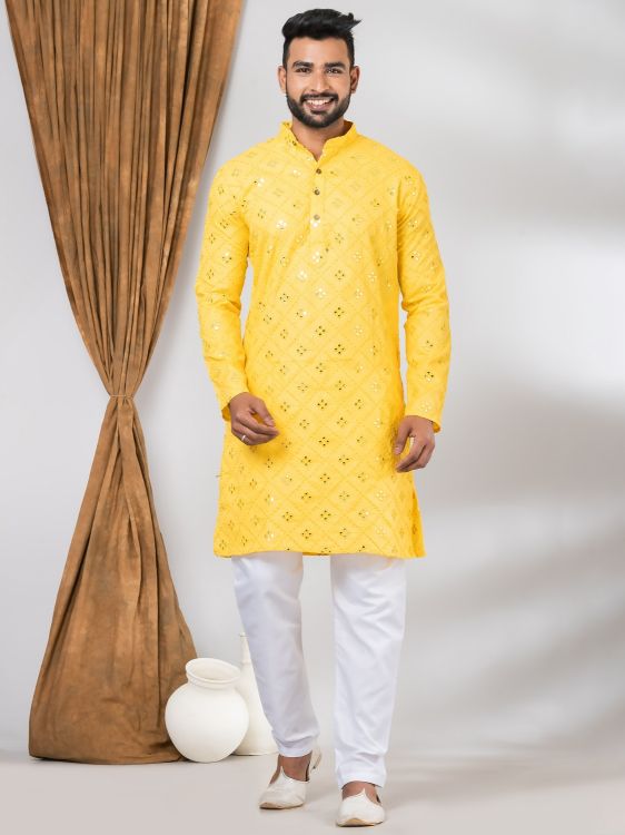 Picture of Resplendent Cotton Yellow Kurta Pajama