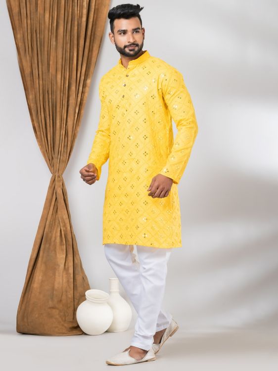 Picture of Resplendent Cotton Yellow Kurta Pajama