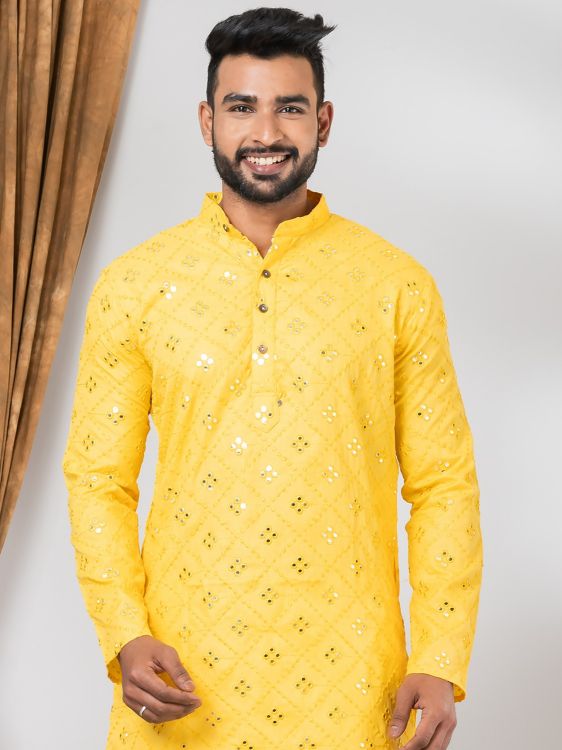 Picture of Resplendent Cotton Yellow Kurta Pajama