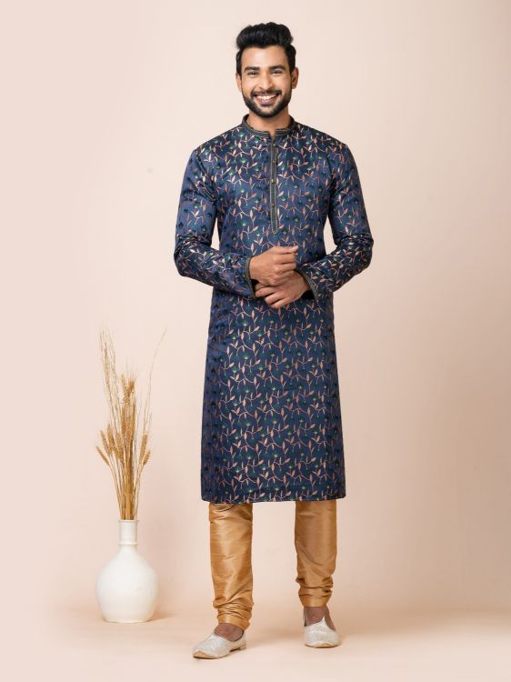 Picture of Amazing Jacquard Silk Navy Blue Kurta Pajama