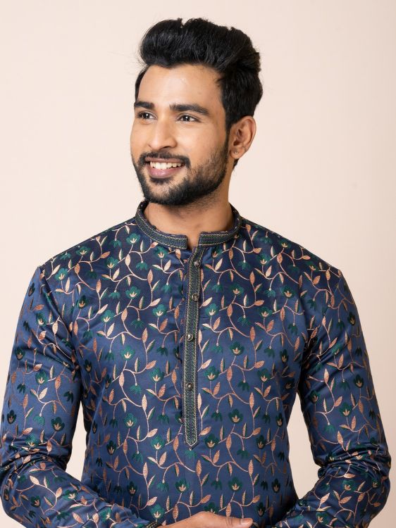 Picture of Amazing Jacquard Silk Navy Blue Kurta Pajama