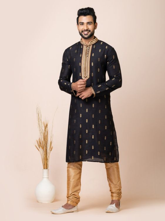 Picture of Magnificent Cotton Jacquard Silk Black Kurta Pajama
