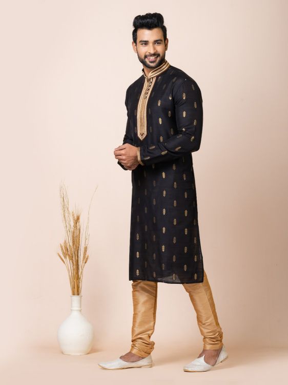 Picture of Magnificent Cotton Jacquard Silk Black Kurta Pajama