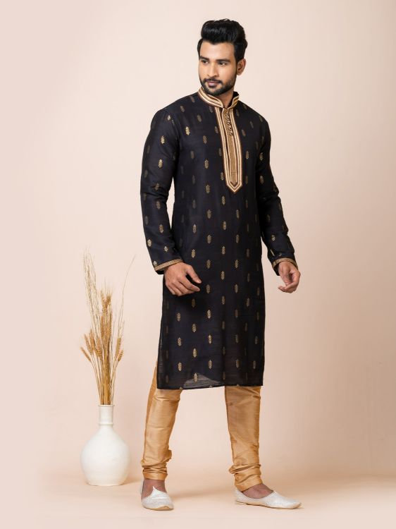 Picture of Magnificent Cotton Jacquard Silk Black Kurta Pajama