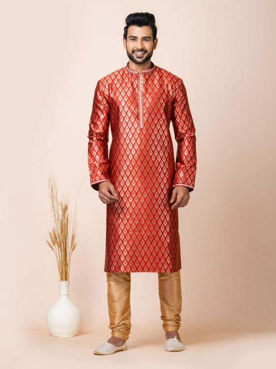 Picture of Pretty Jacquard Silk Red Kurta Pajama