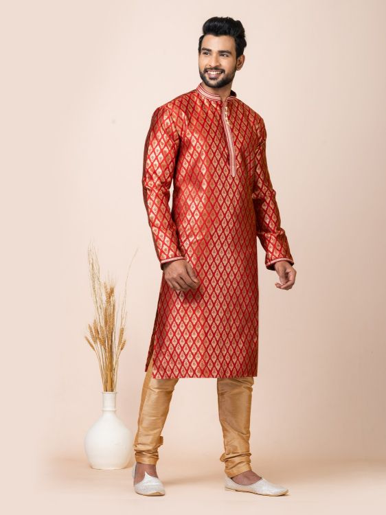 Picture of Pretty Jacquard Silk Red Kurta Pajama