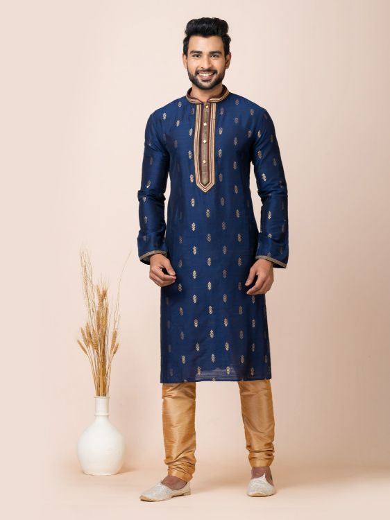 Picture of Nice Cotton Jacquard Silk Blue Kurta Pajama