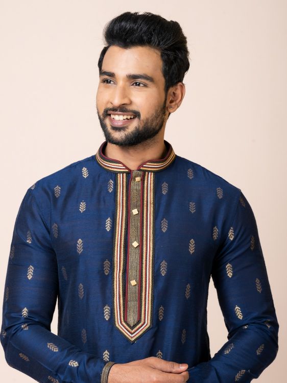 Picture of Nice Cotton Jacquard Silk Blue Kurta Pajama