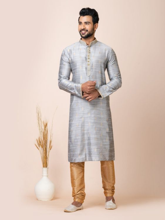 Picture of Ideal Cotton Jacquard Silk Grey Kurta Pajama