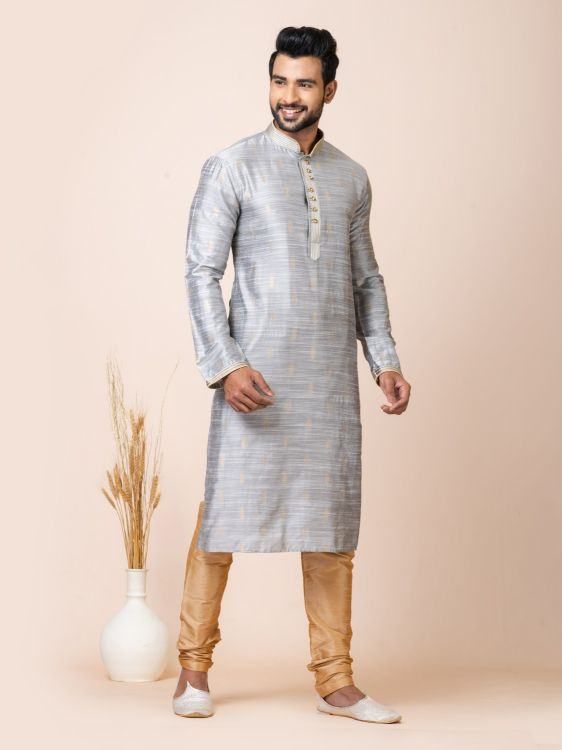 Picture of Ideal Cotton Jacquard Silk Grey Kurta Pajama