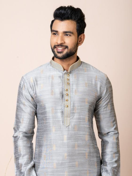 Picture of Ideal Cotton Jacquard Silk Grey Kurta Pajama