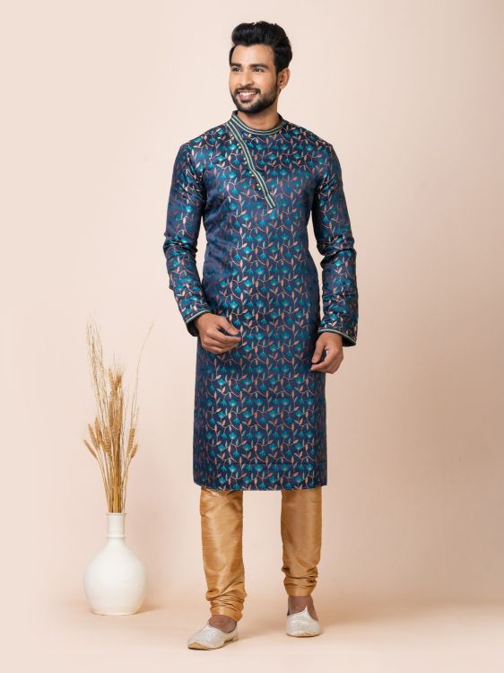 Picture of Beautiful Jacquard Silk Navy Blue Kurta Pajama