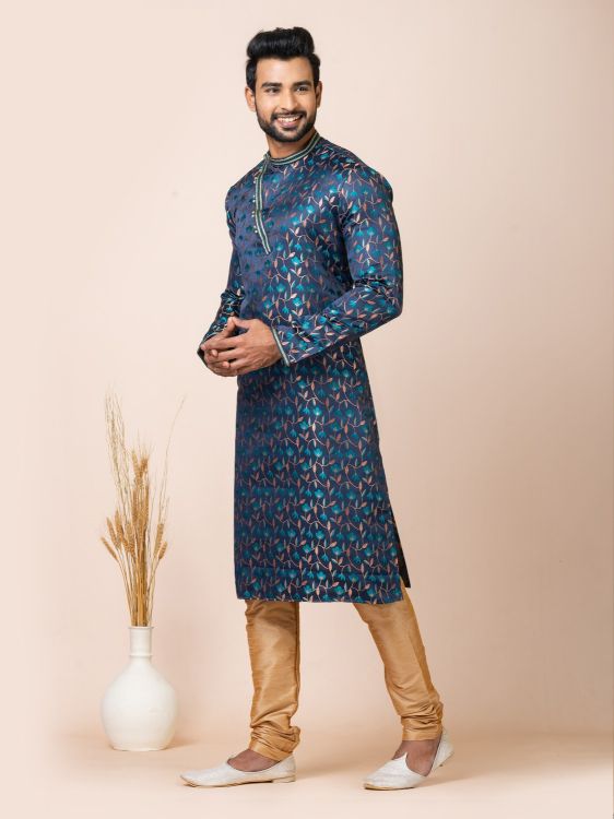 Picture of Beautiful Jacquard Silk Navy Blue Kurta Pajama