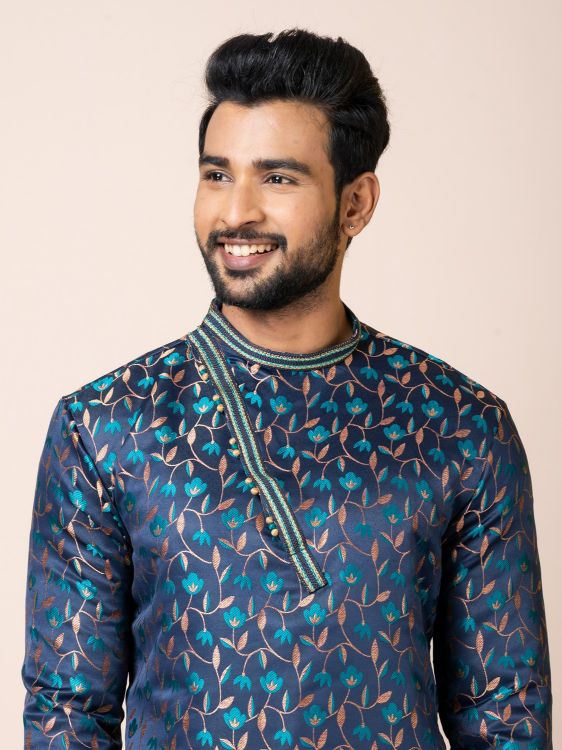 Picture of Beautiful Jacquard Silk Navy Blue Kurta Pajama