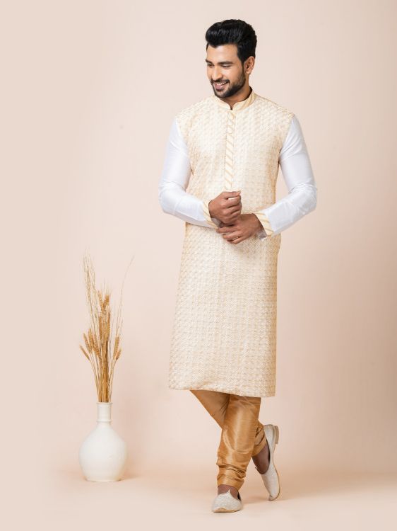 Picture of Good Looking Banarasi Dhupion White Kurta Pajama