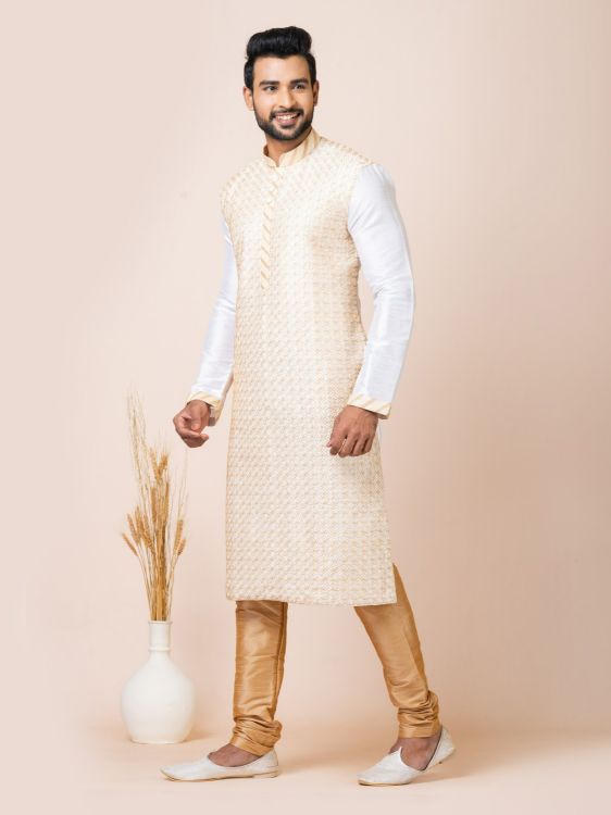 Picture of Good Looking Banarasi Dhupion White Kurta Pajama
