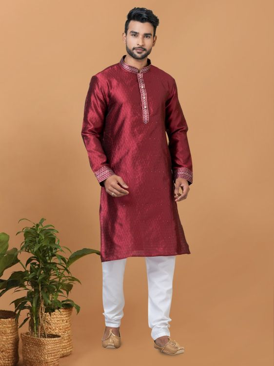 Picture of Appealing Silk Maroon Kurta Pajama