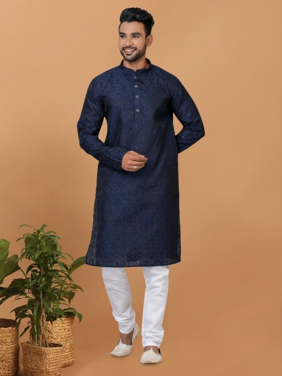 Picture of Good Looking Silk Navy Blue Kurta Pajama