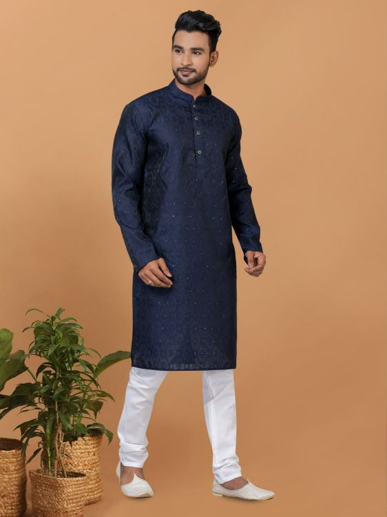 Picture of Good Looking Silk Navy Blue Kurta Pajama