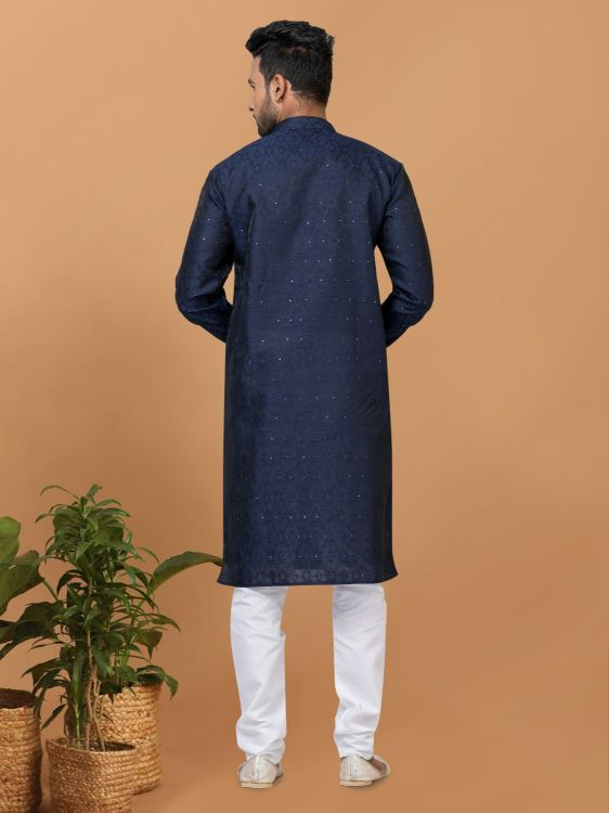 Picture of Good Looking Silk Navy Blue Kurta Pajama