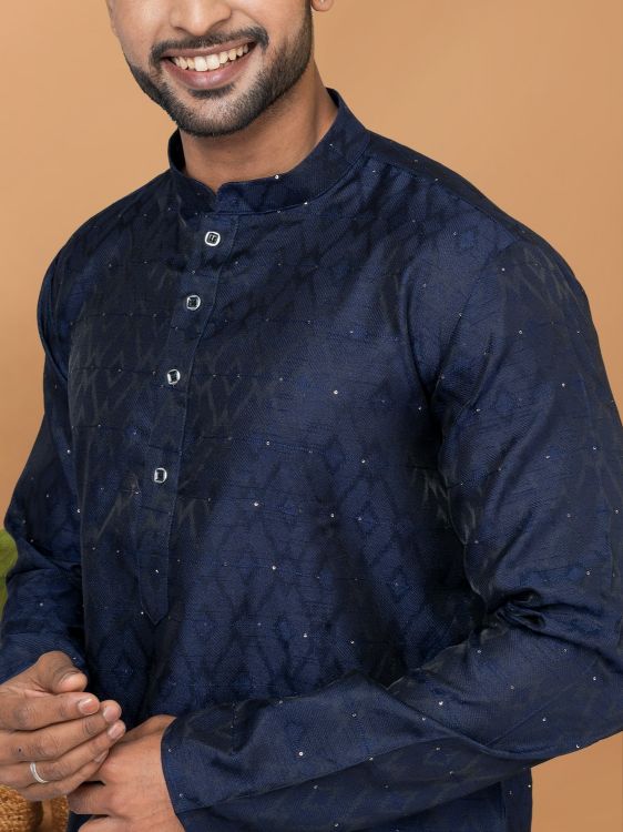 Picture of Good Looking Silk Navy Blue Kurta Pajama