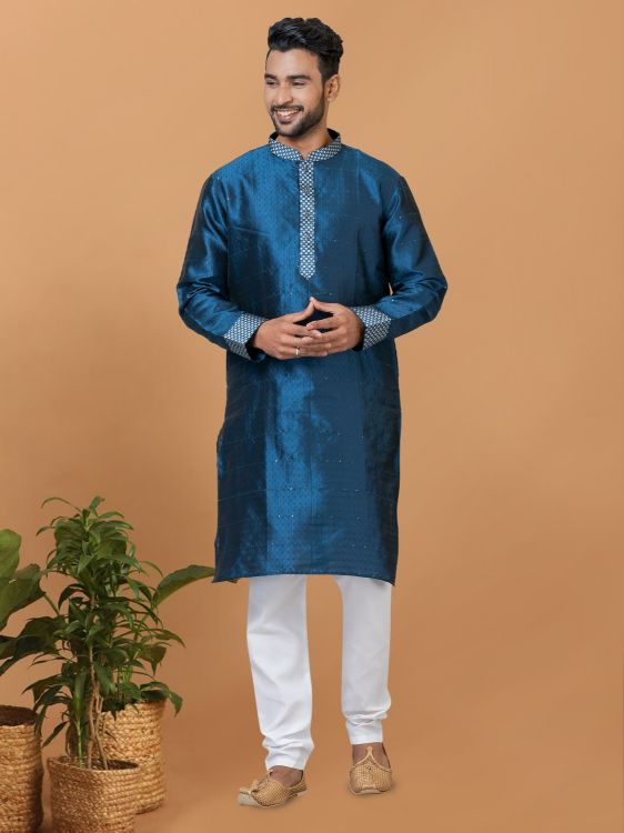 Picture of Elegant Silk Steel Blue Kurta Pajama
