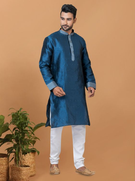 Picture of Elegant Silk Steel Blue Kurta Pajama