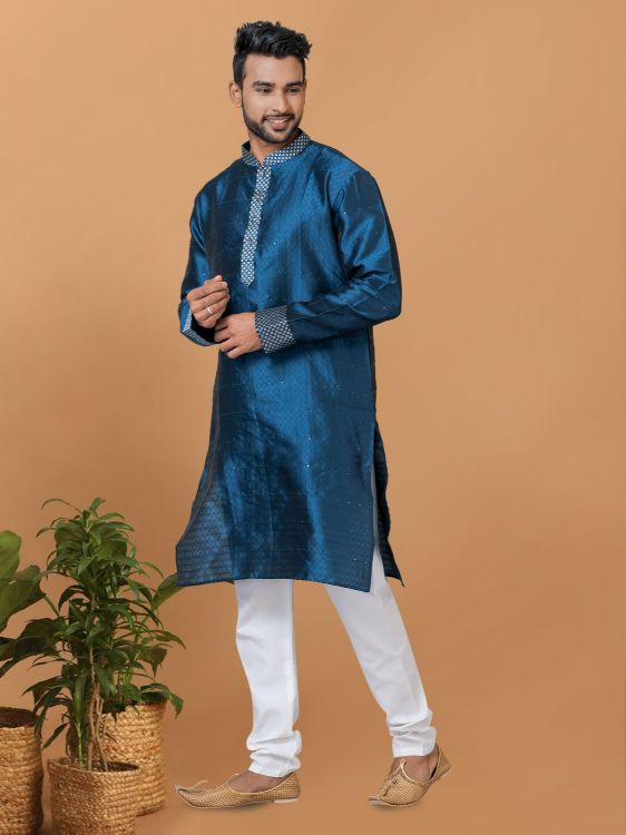 Picture of Elegant Silk Steel Blue Kurta Pajama