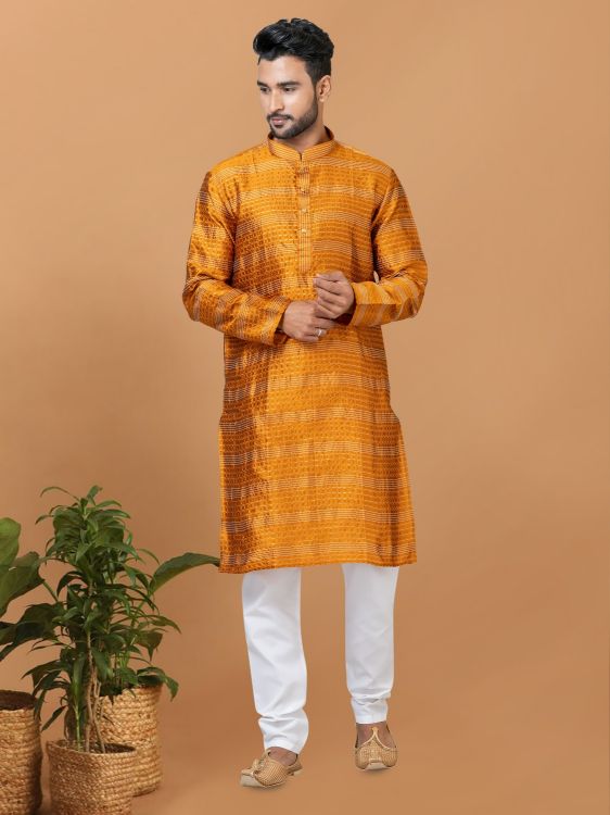 Picture of Statuesque Silk Yellow Kurta Pajama