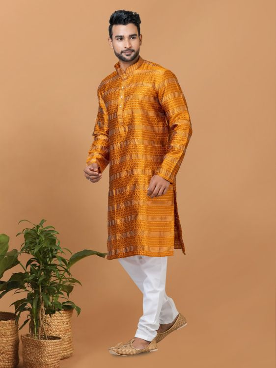 Picture of Statuesque Silk Yellow Kurta Pajama