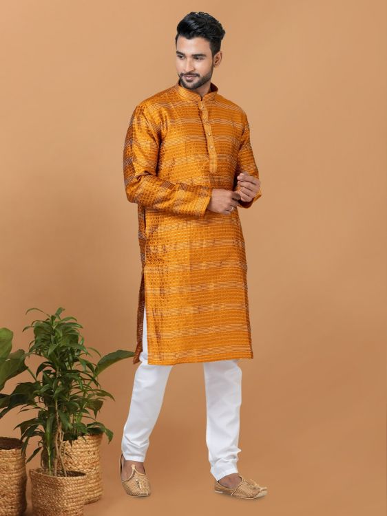 Picture of Statuesque Silk Yellow Kurta Pajama
