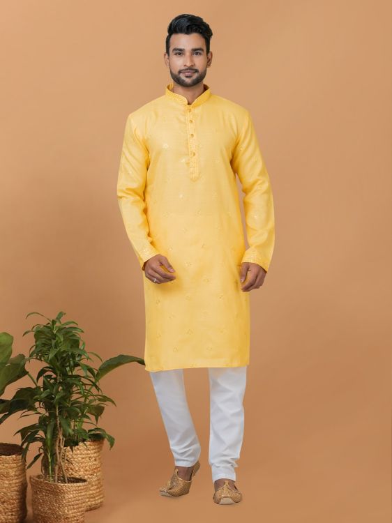 Picture of Appealing Poly Cotton Yellow Kurta Pajama