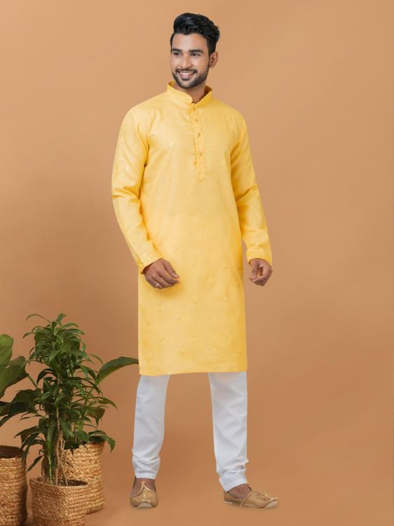Picture of Appealing Poly Cotton Yellow Kurta Pajama