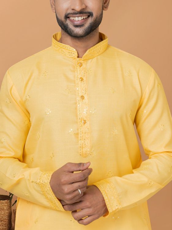 Picture of Appealing Poly Cotton Yellow Kurta Pajama