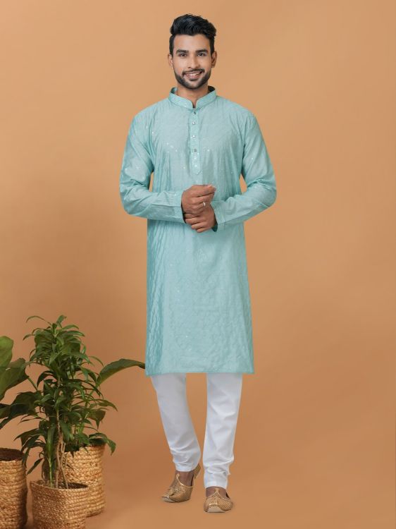 Picture of Nice Viscose Cotton Sky Blue Kurta Pajama