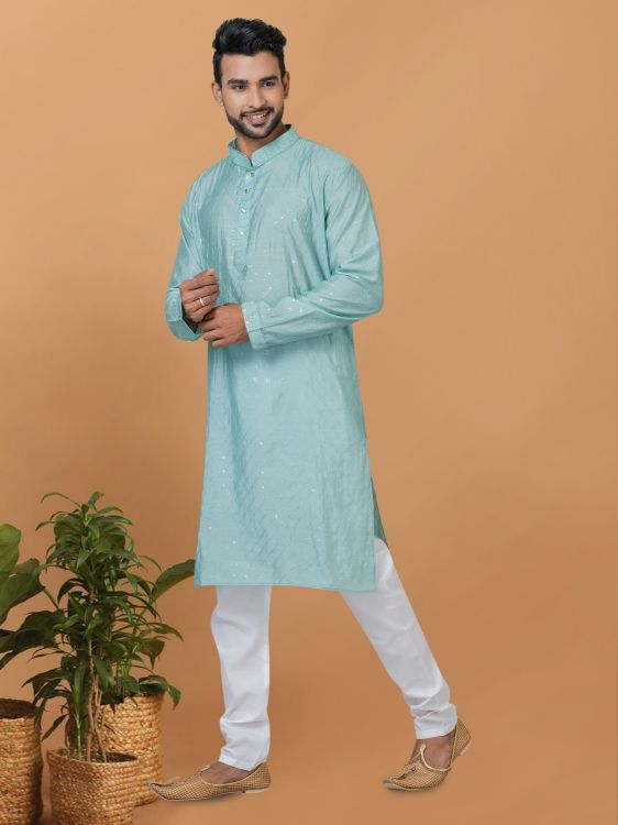Picture of Nice Viscose Cotton Sky Blue Kurta Pajama
