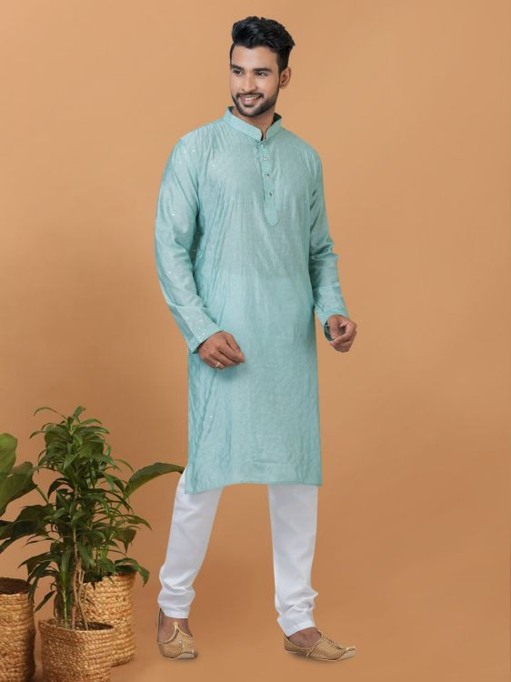 Picture of Nice Viscose Cotton Sky Blue Kurta Pajama