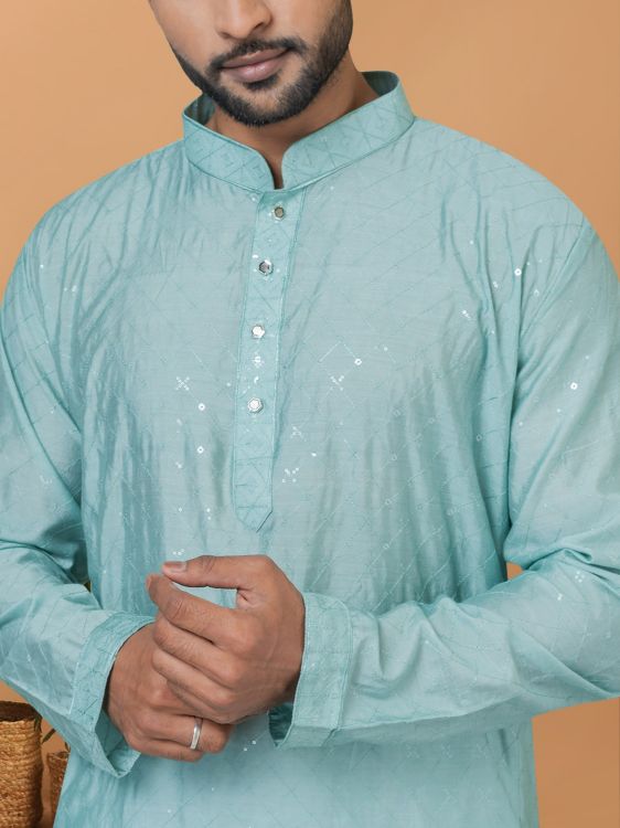 Picture of Nice Viscose Cotton Sky Blue Kurta Pajama