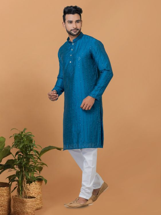 Picture of Comely Viscose Cotton Blue Kurta Pajama