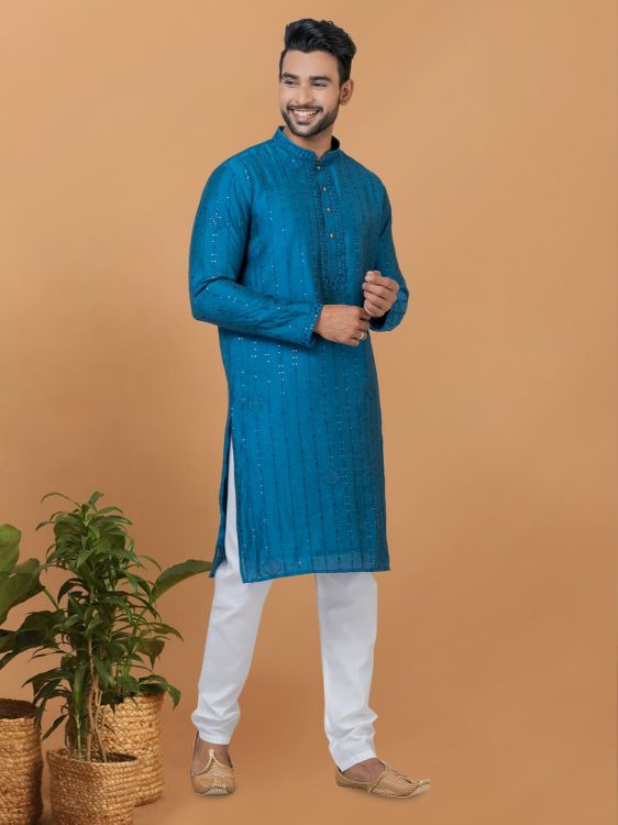 Picture of Comely Viscose Cotton Blue Kurta Pajama