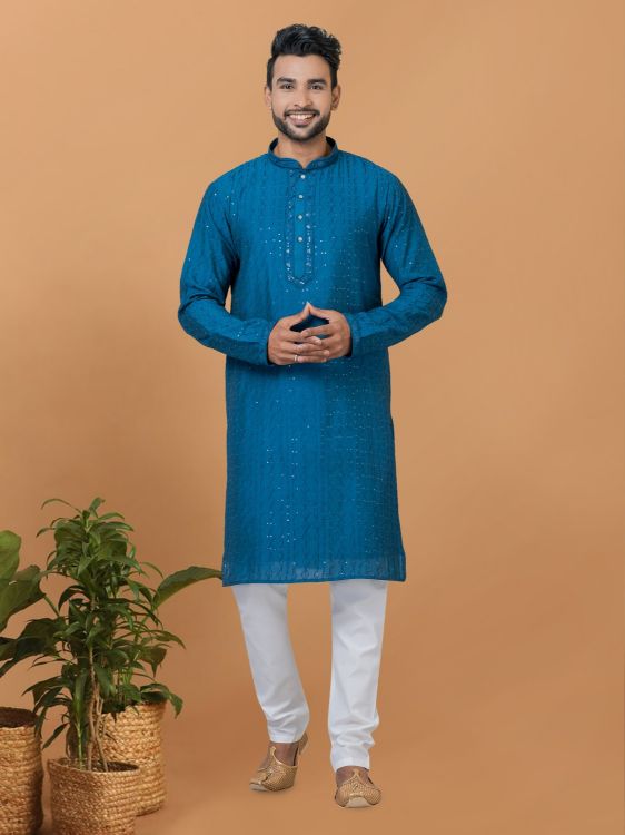 Picture of Superb Viscose Cotton Blue Kurta Pajama