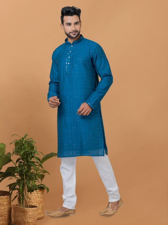 Picture of Superb Viscose Cotton Blue Kurta Pajama
